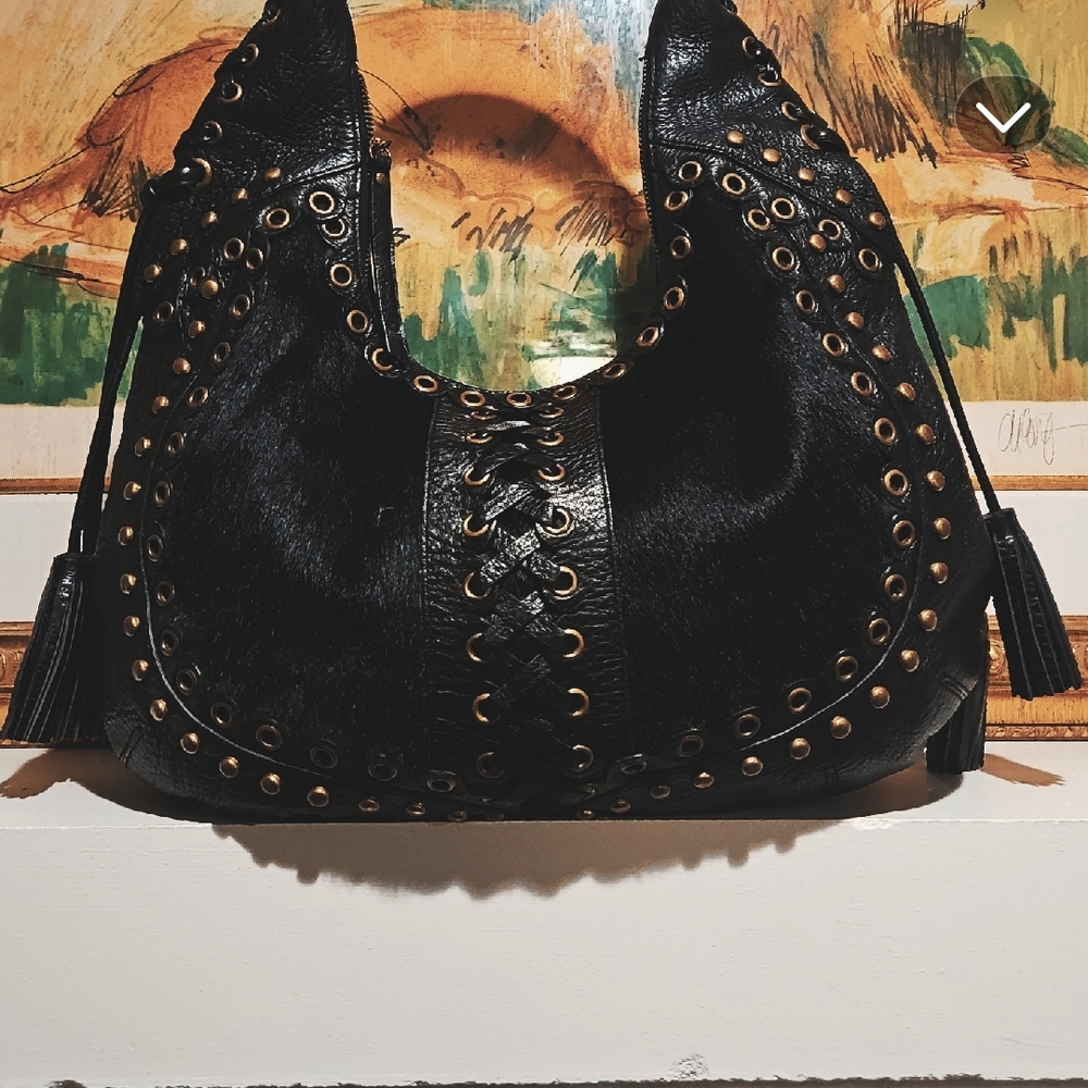 Black Studded Leather Hobo Bag